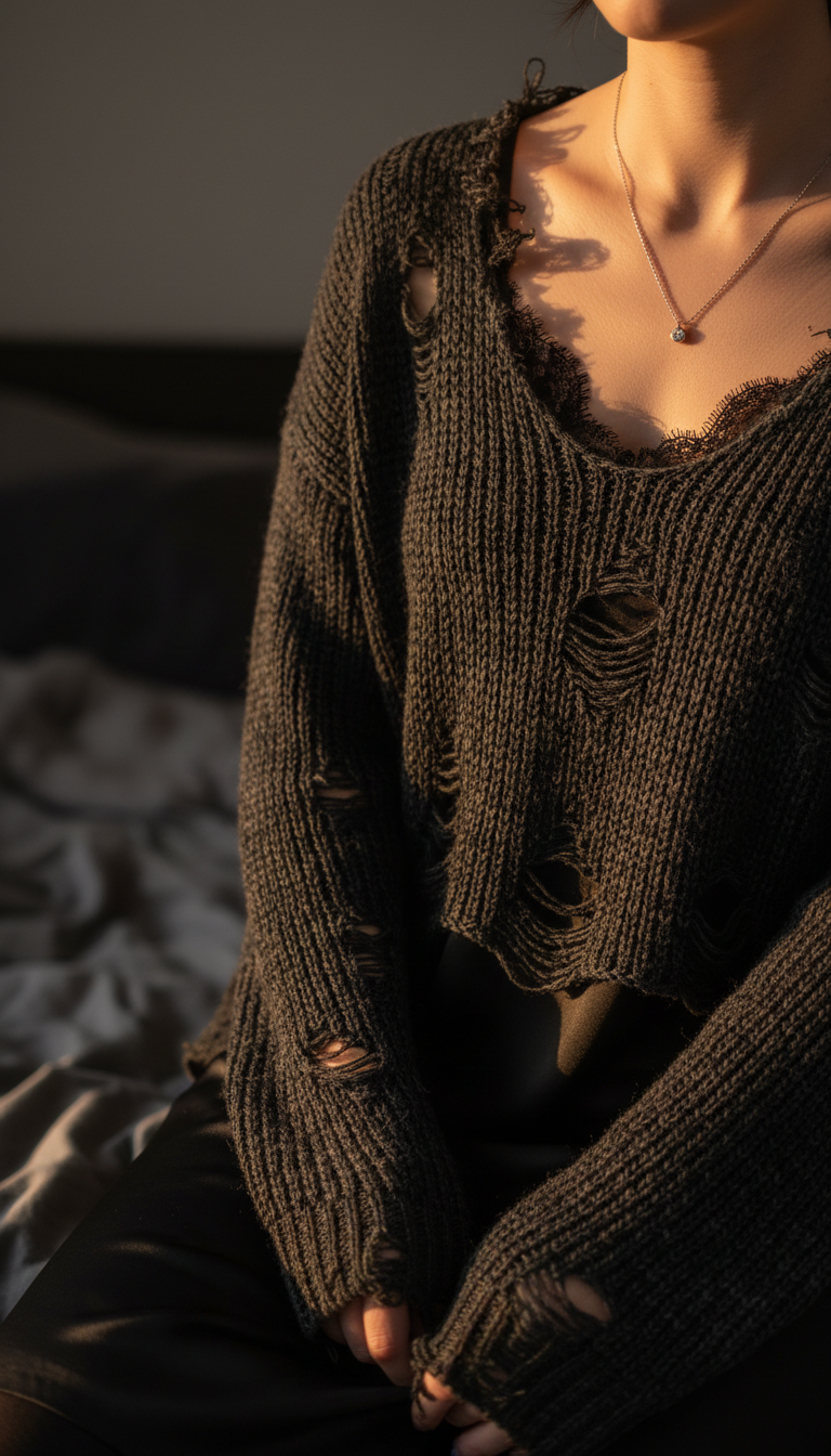 Black satin slip dress with lace trim layered under distressed charcoal knit sweater in cozy bedroom setting