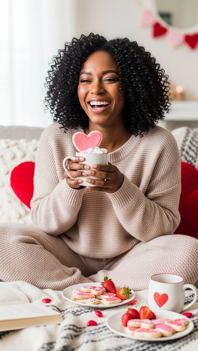 Black woman enjoying Valentine's Day snacks in cozy loungewear during sweet treats photoshoot
