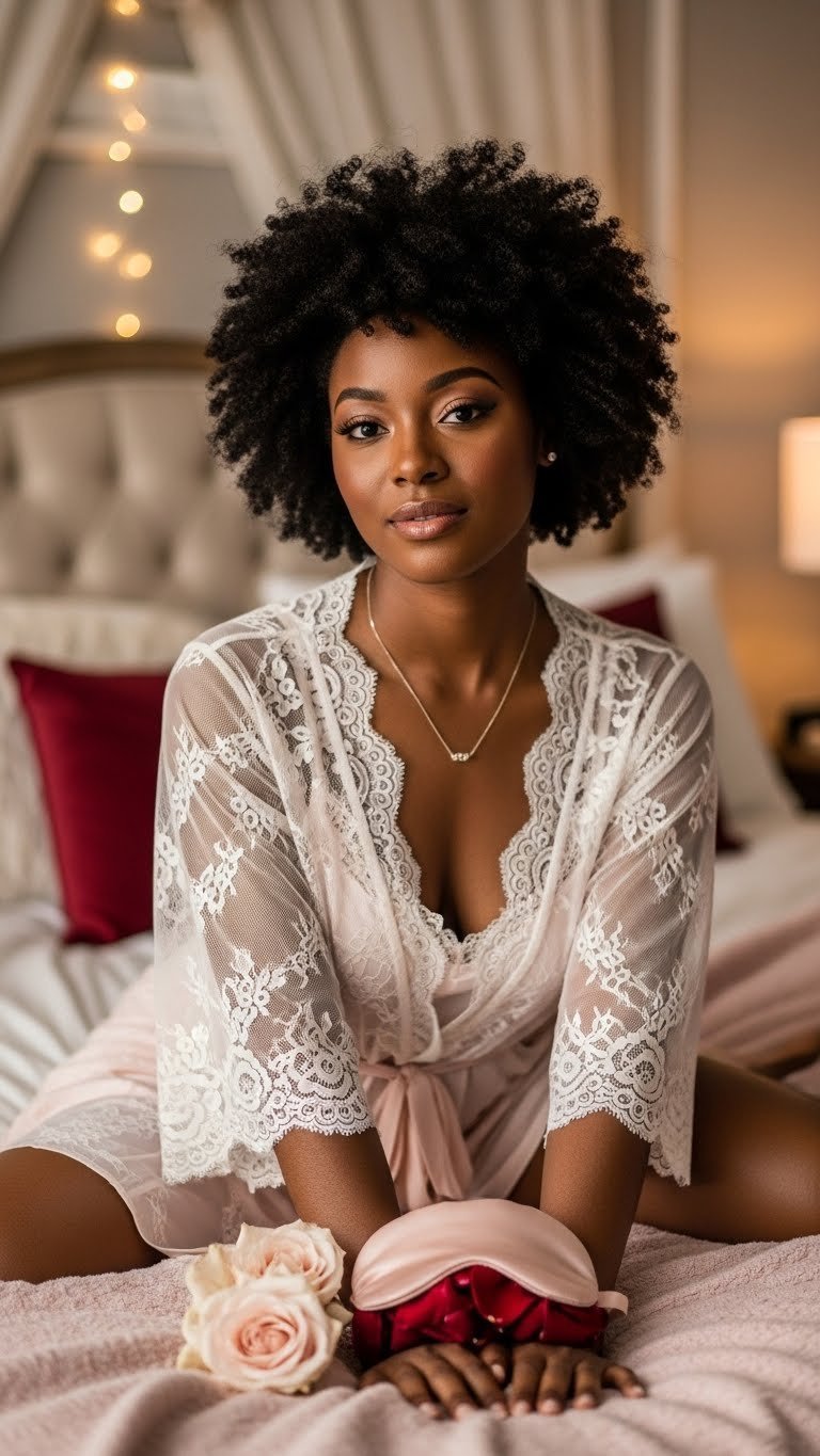 Black woman in delicate lace robe posing confidently on luxurious bed during intimate self-love boudoir photoshoot