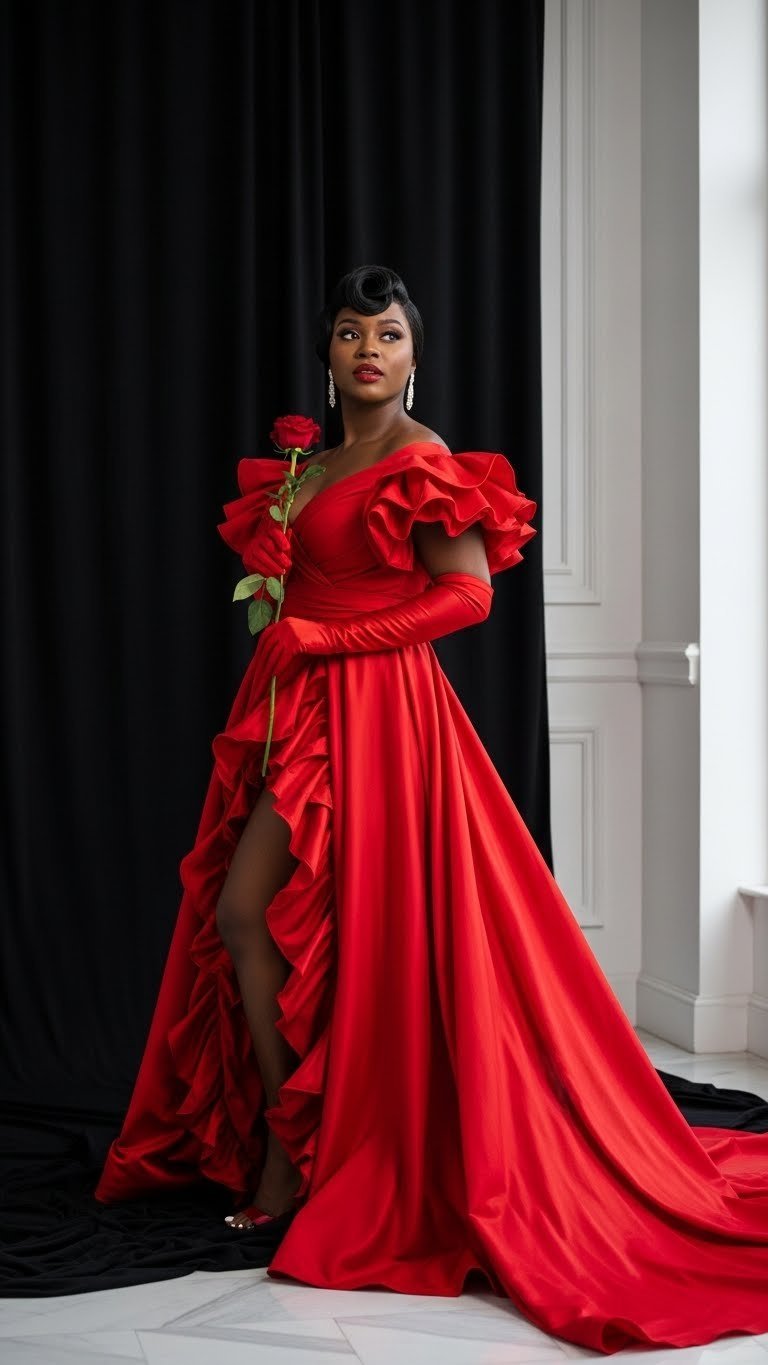 Black woman in stunning flowing red gown exuding glamour and confidence against elegant backdrop