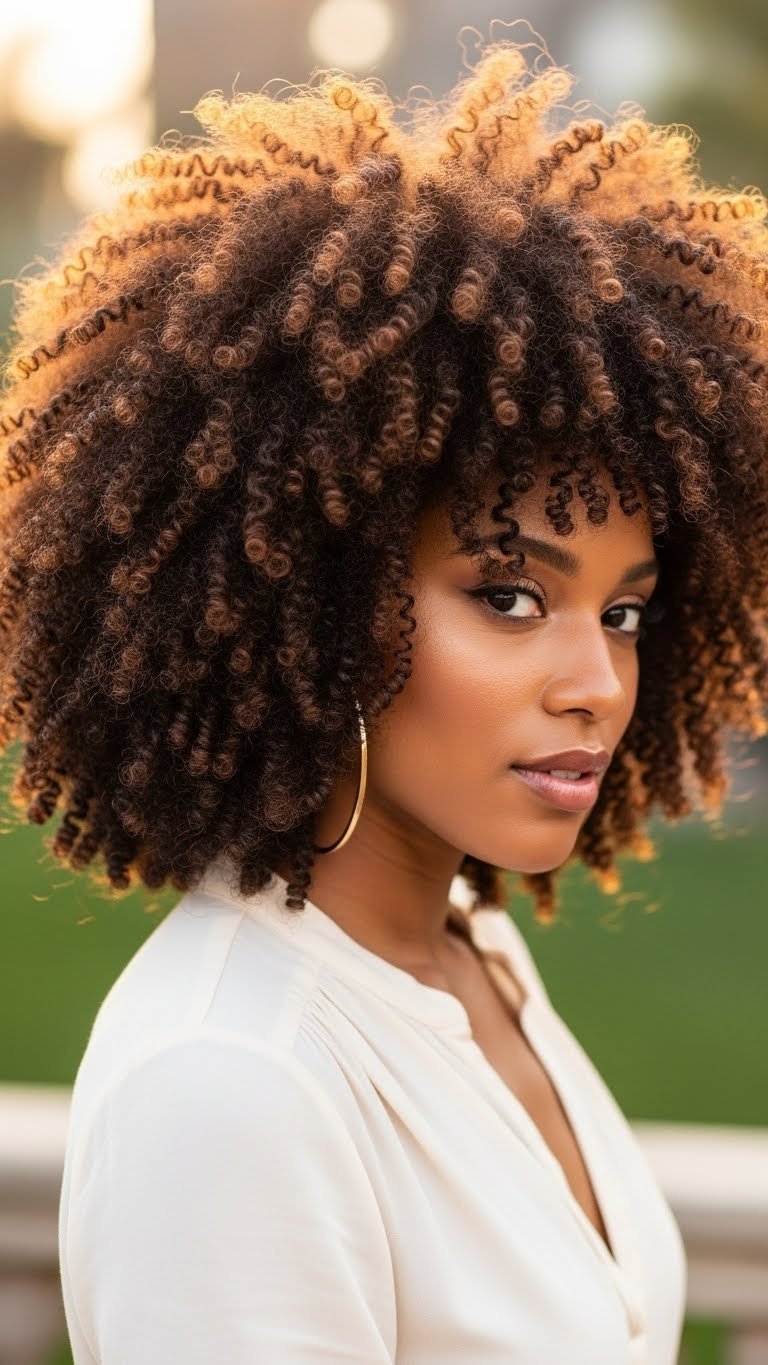 Black woman showcasing voluminous bouncy curly afro hairstyle in golden hour natural outdoor setting
