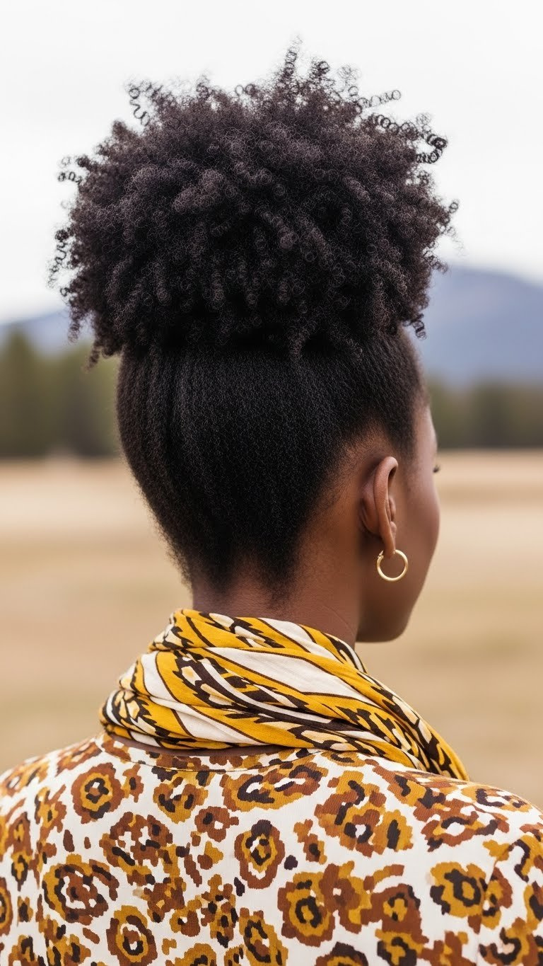 Black woman with an effortless high puff updo hairstyle in natural outdoor setting showcasing volume and texture.