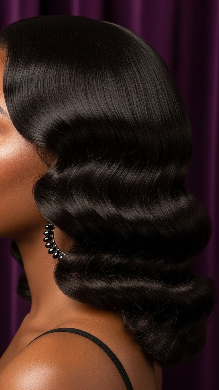 Black woman with glamorous waves hairstyle showcasing deep S-shaped Hollywood waves against jewel-toned backdrop