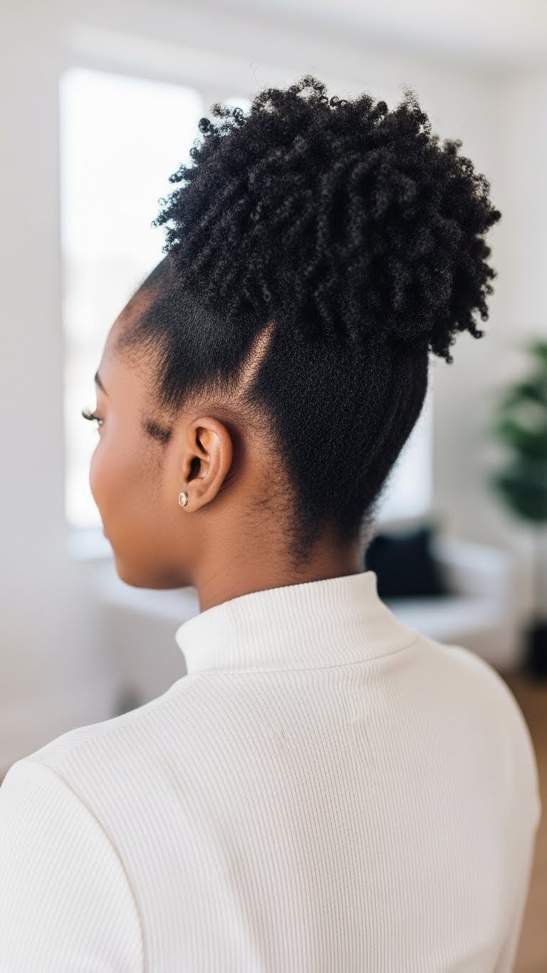 Black woman with natural crown puff updo showcasing voluminous gathered puff celebrating natural texture