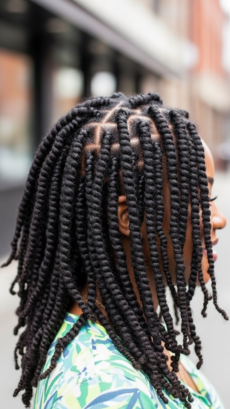 Black woman with playful passion twists hairstyle showcasing lightweight bouncy textured twists in vibrant setting