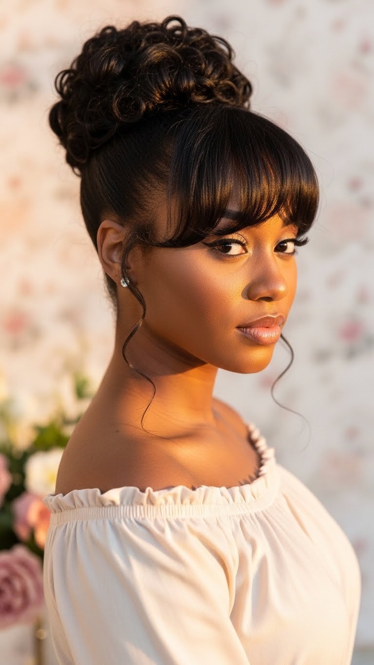 Black woman with soft bangs updo showcasing face-framing wispy bangs with elegant pinned hairstyle