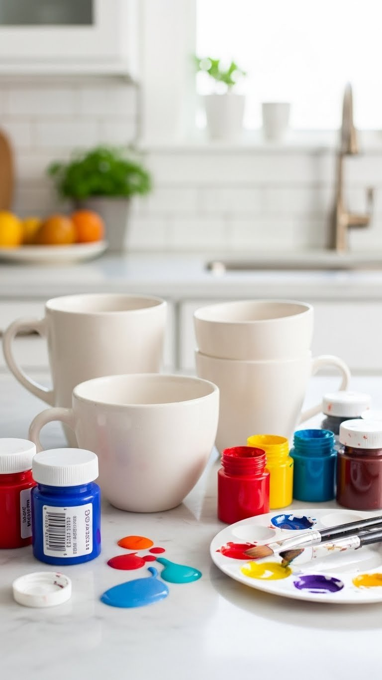 Blank ceramic mugs and vibrant paints arranged on marble countertop for abstract art project with soft bokeh background