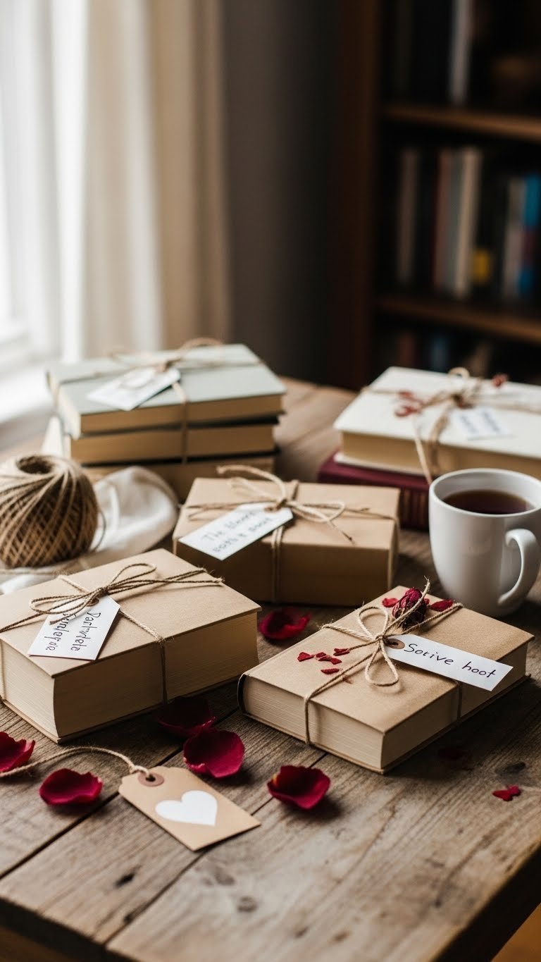 Blind date with a book exchange featuring beautifully wrapped books with handwritten tags on rustic wooden table