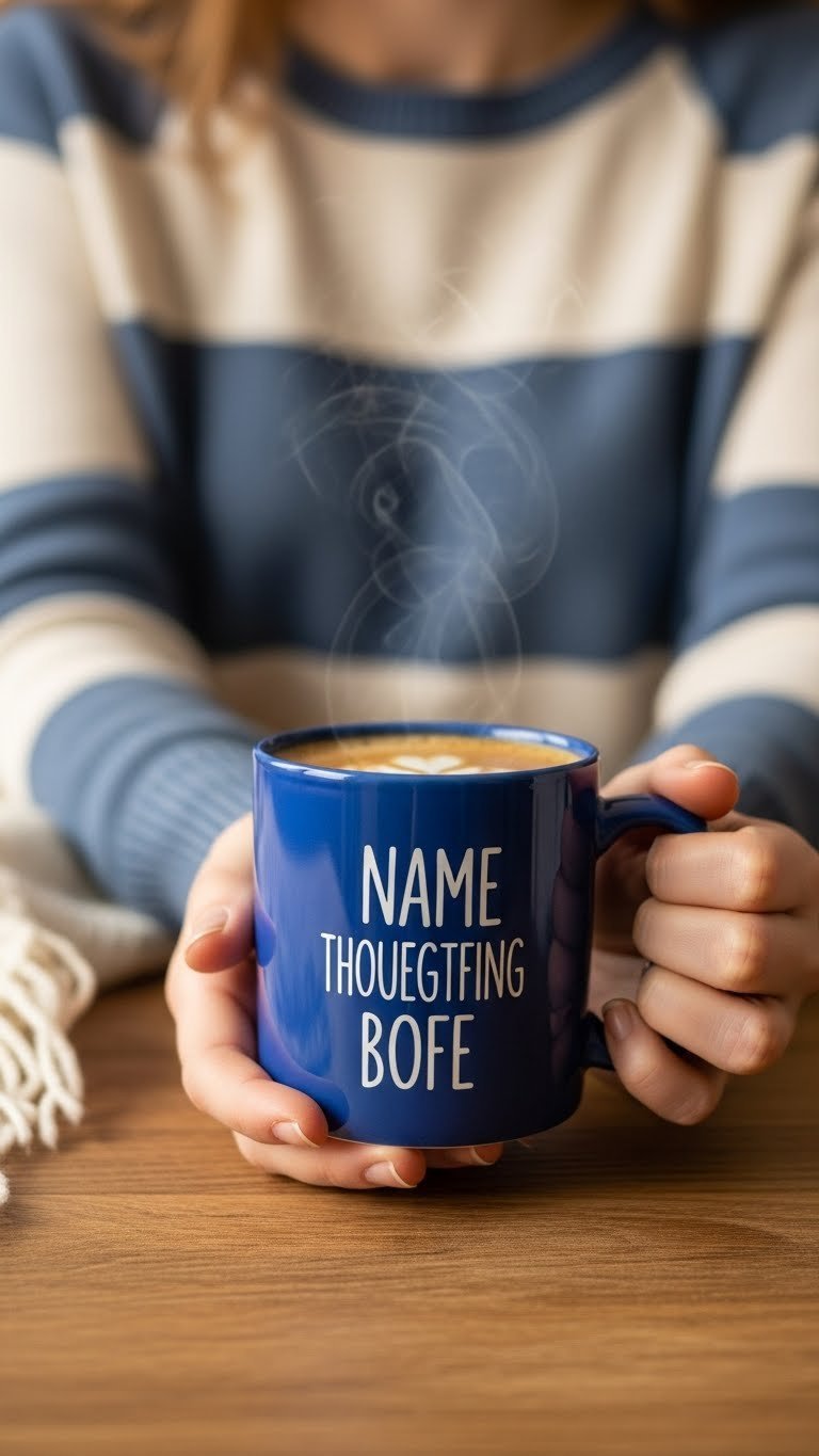 Blue ceramic mug with hand-painted custom message held in hands suggesting thoughtful gift presentation