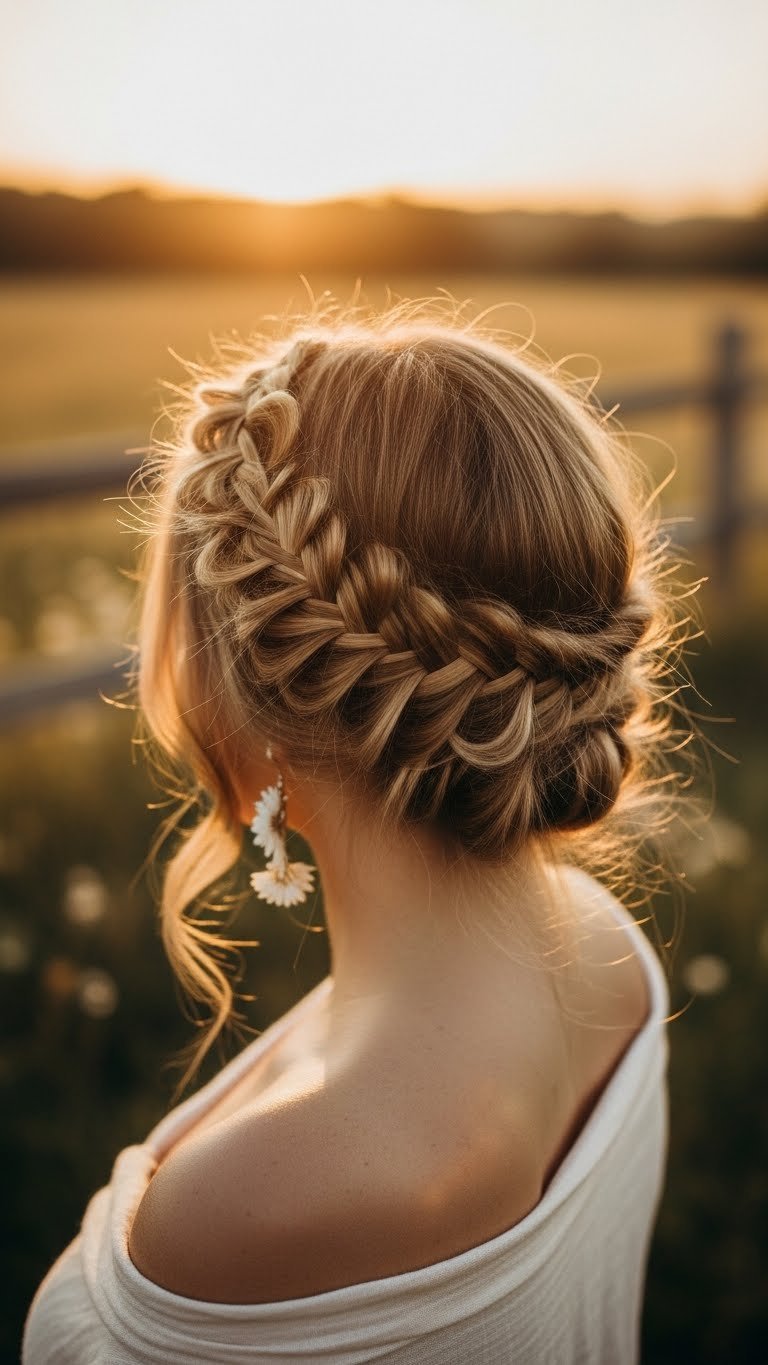 Bohemian braided crown hairstyle encircling head like halo with soft ethereal golden hour lighting