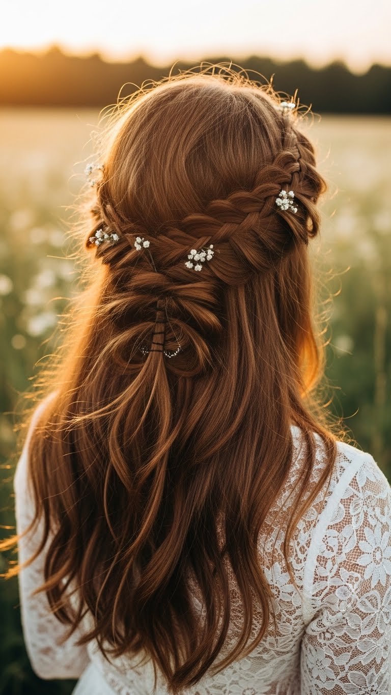 Bohemian braided crown hairstyle with textured auburn hair and floral accents against soft bokeh outdoor background