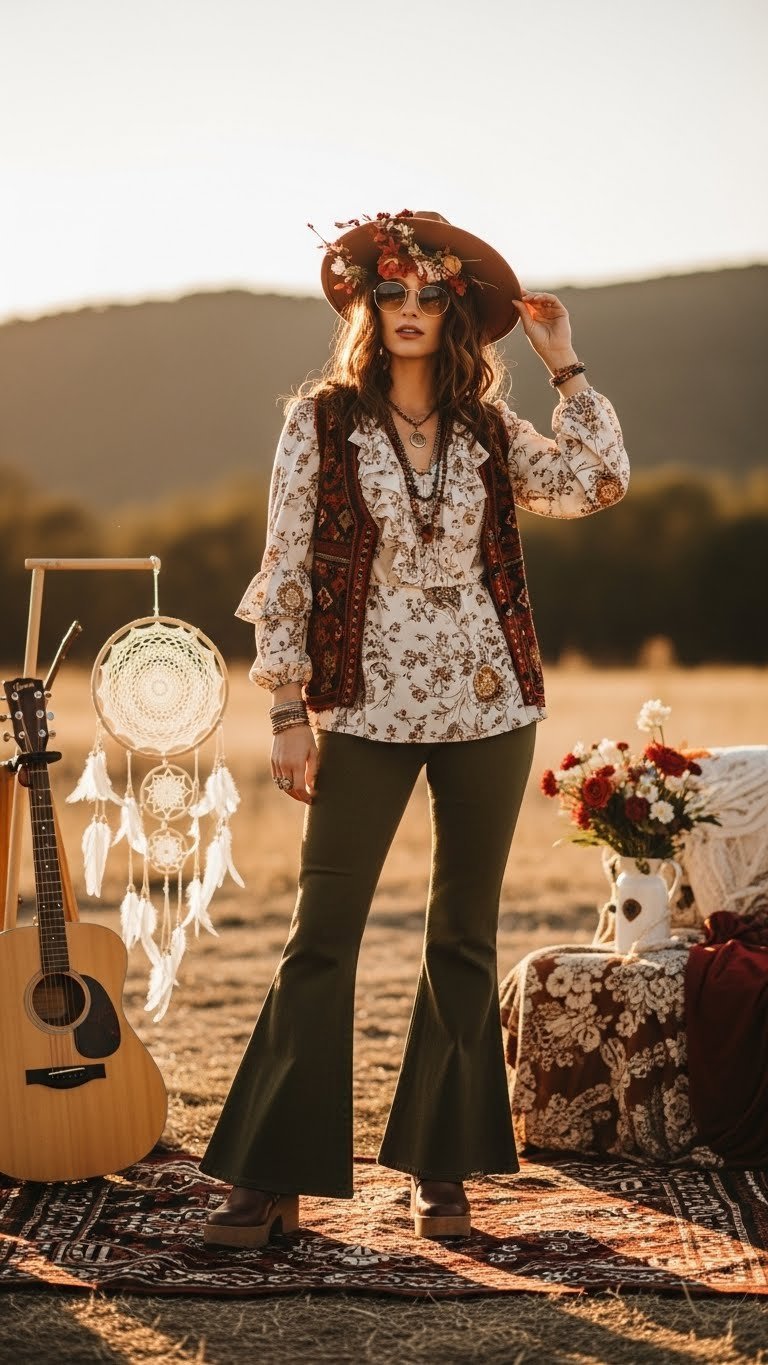 Bohemian rhapsody 70s fashion outfit featuring bell bottoms, flowing blouse, and platform shoes in natural outdoor setting