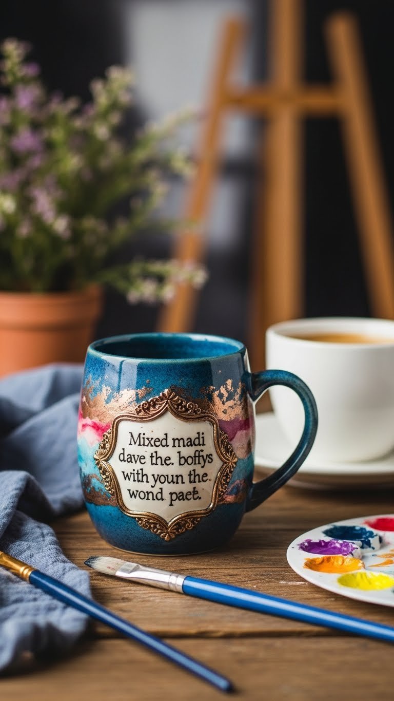 Bohemian-style ceramic mug with watercolor paints, metallic accents, and quote on rustic table with paintbrushes