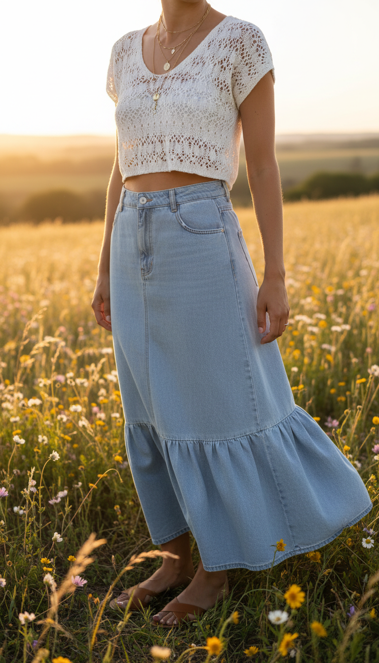 Bohemian summer outfit with white crochet crop top and light wash denim maxi skirt in natural field setting