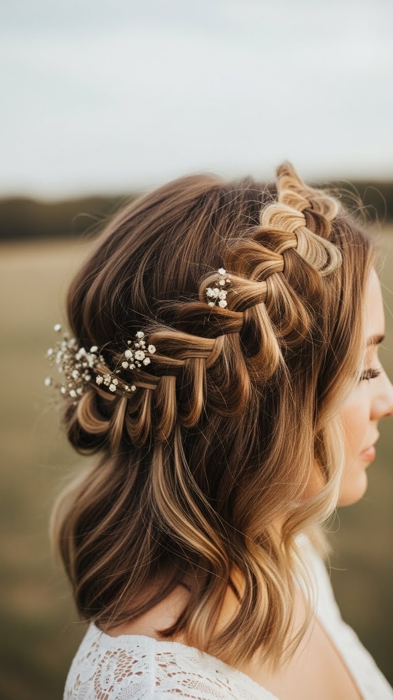 Boho braided crown hairstyle with ethereal halo braids and face-framing tendrils in natural window light.