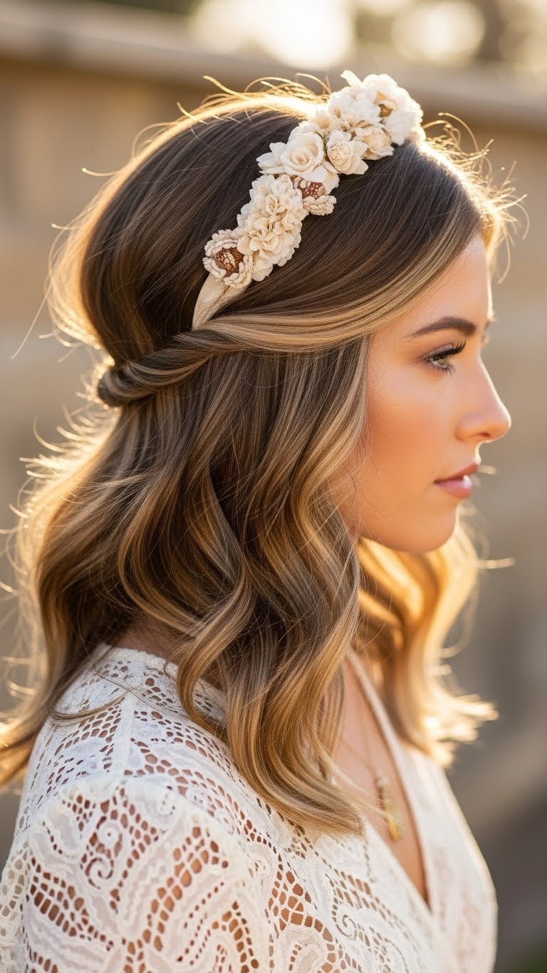Boho disco waves with voluminous flowing hair and deep side part in natural outdoor-inspired setting.