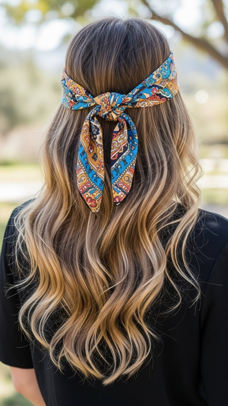 Boho waves hairstyle with vibrant patterned scarf headband in natural outdoor garden setting with flowing textured hair.