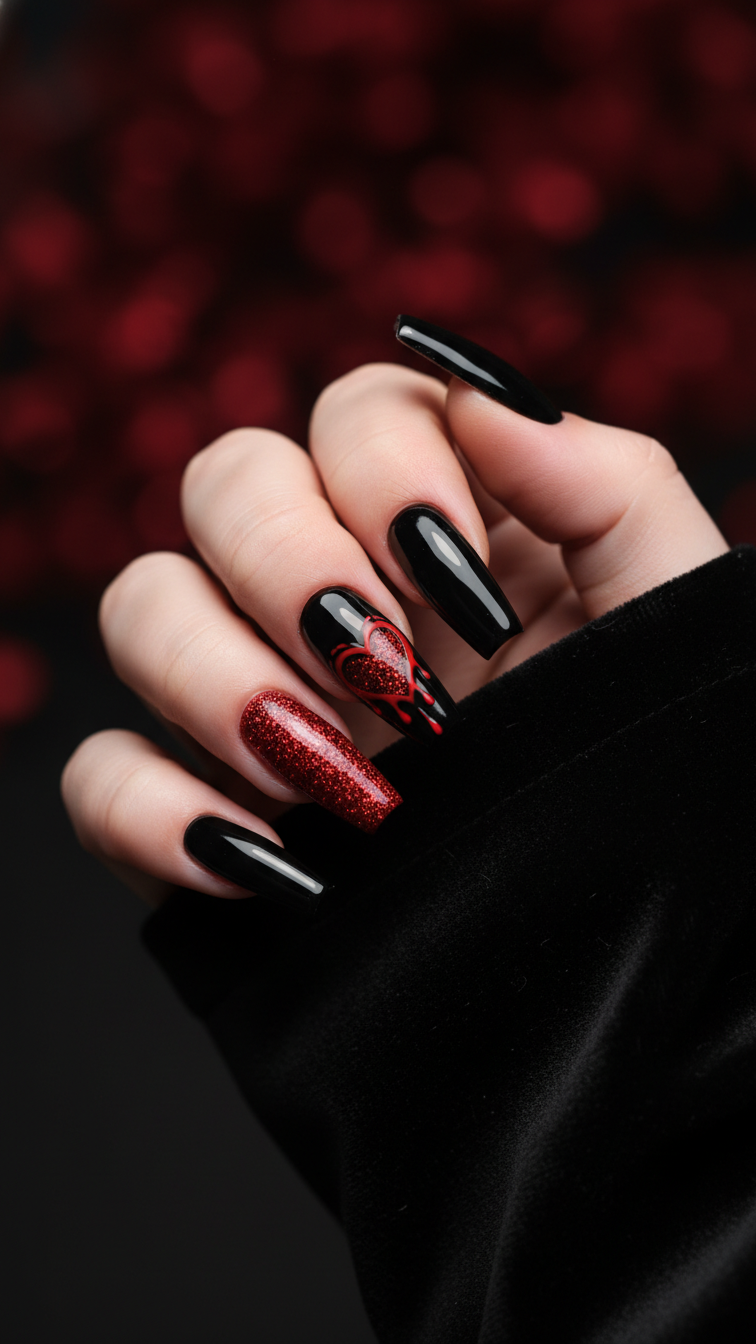 Bold Valentine's coffin nails with black glossy base and dripping red heart design on black velvet