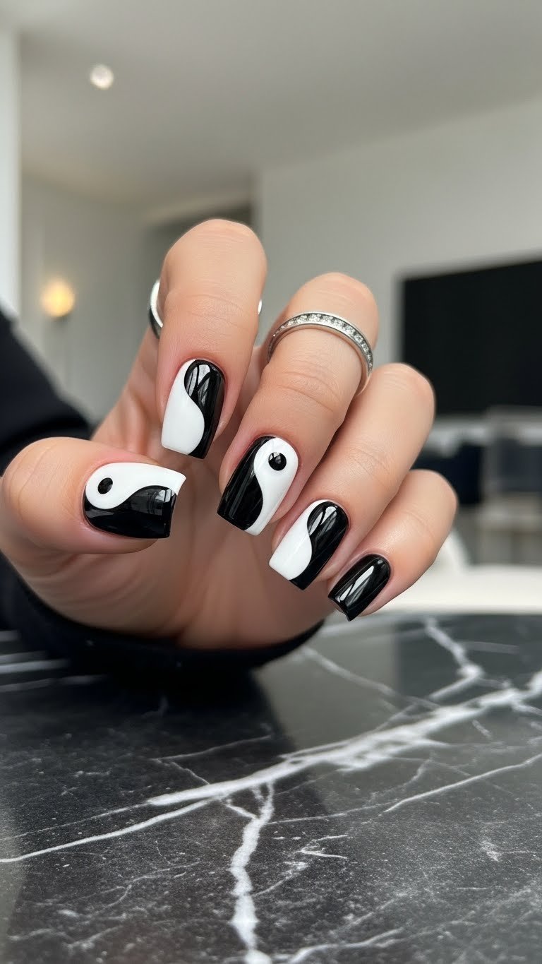 Bold black and white contrast yin yang nails with sharp lines on sleek black marble surface