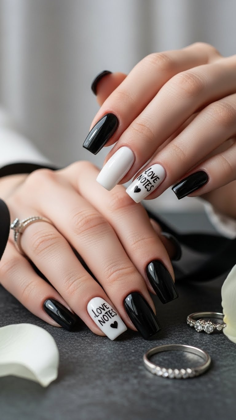 Bold black and white square Valentine nails with love note script lettering and silver ring accent