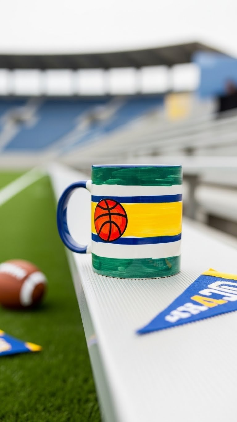Bold ceramic mug painted with sports team colors and emblem on faux grass surface with stadium background