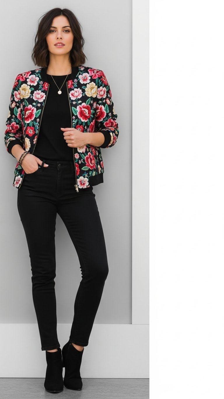Bold floral print bomber jacket worn over all-black outfit against a clean neutral background for maximum contrast