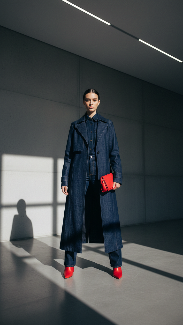 Bold monochromatic fashion statement featuring long dark indigo jean jacket with matching jeans and red handbag