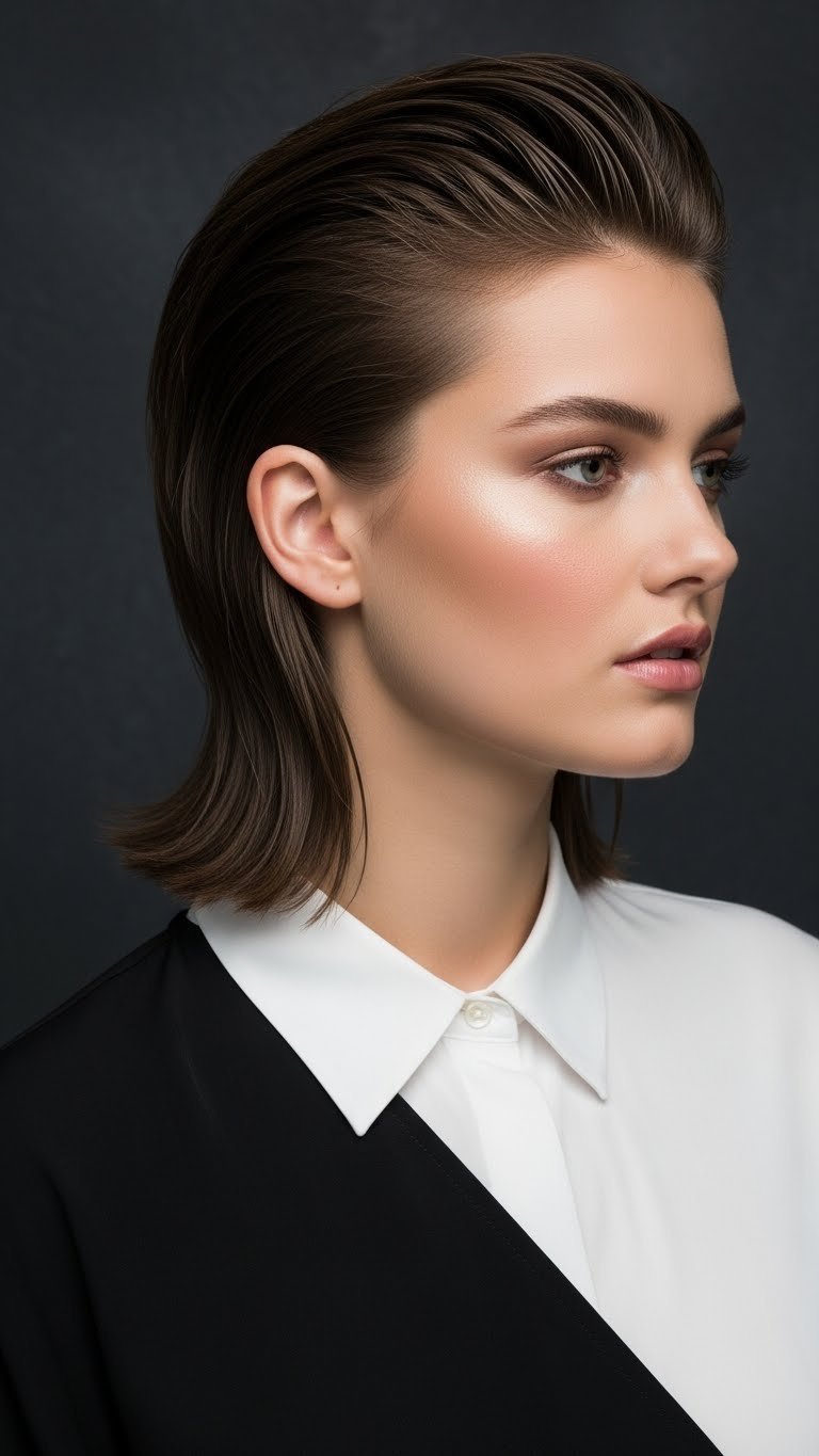 Bold slicked-back look on medium length hair with smooth front section, crisp white shirt, and dark textured wall background
