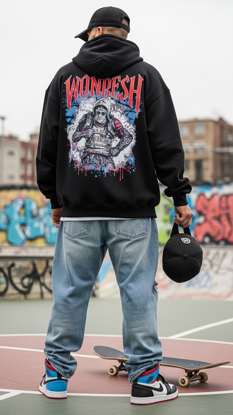 Bold streetwear outfit with graphic hoodie and distressed jeans in skate park setting
