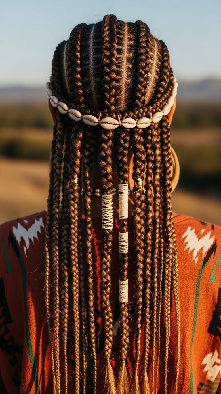 Bold tribal braids with geometric patterns and cultural adornments like shells and cuffs in outdoor landscape