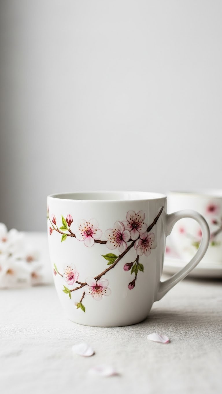 Bone-white porcelain mug with delicate cherry blossom branch motif painted in soft pinks on linen tablecloth