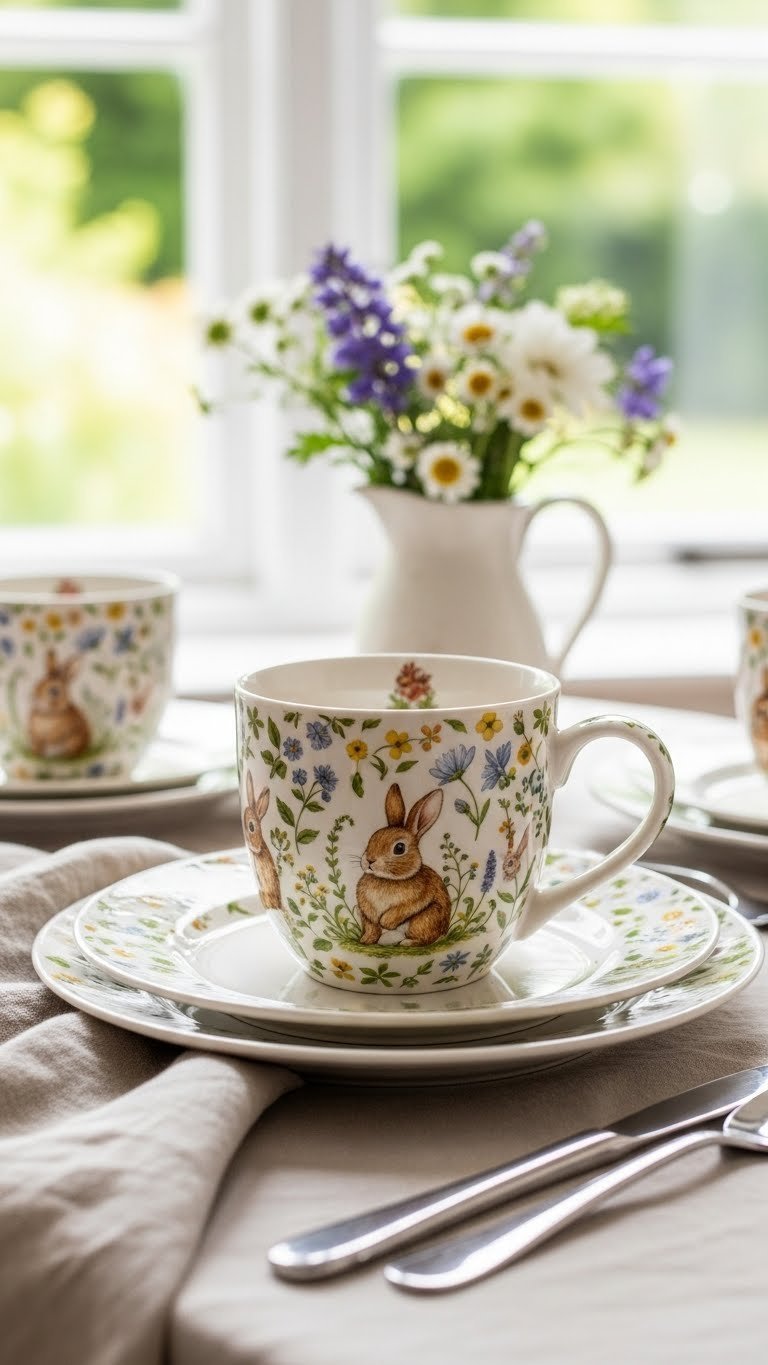 Botanical bunny pattern painted ceramic mug with wildflowers and vines on linen tablecloth with garden backdrop