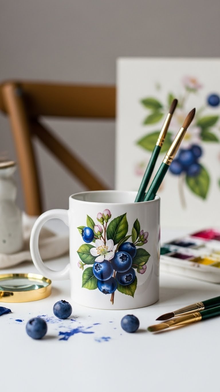 Botanical illustration blueberry painted ceramic mug with detailed artwork on white table with artist brushes nearby