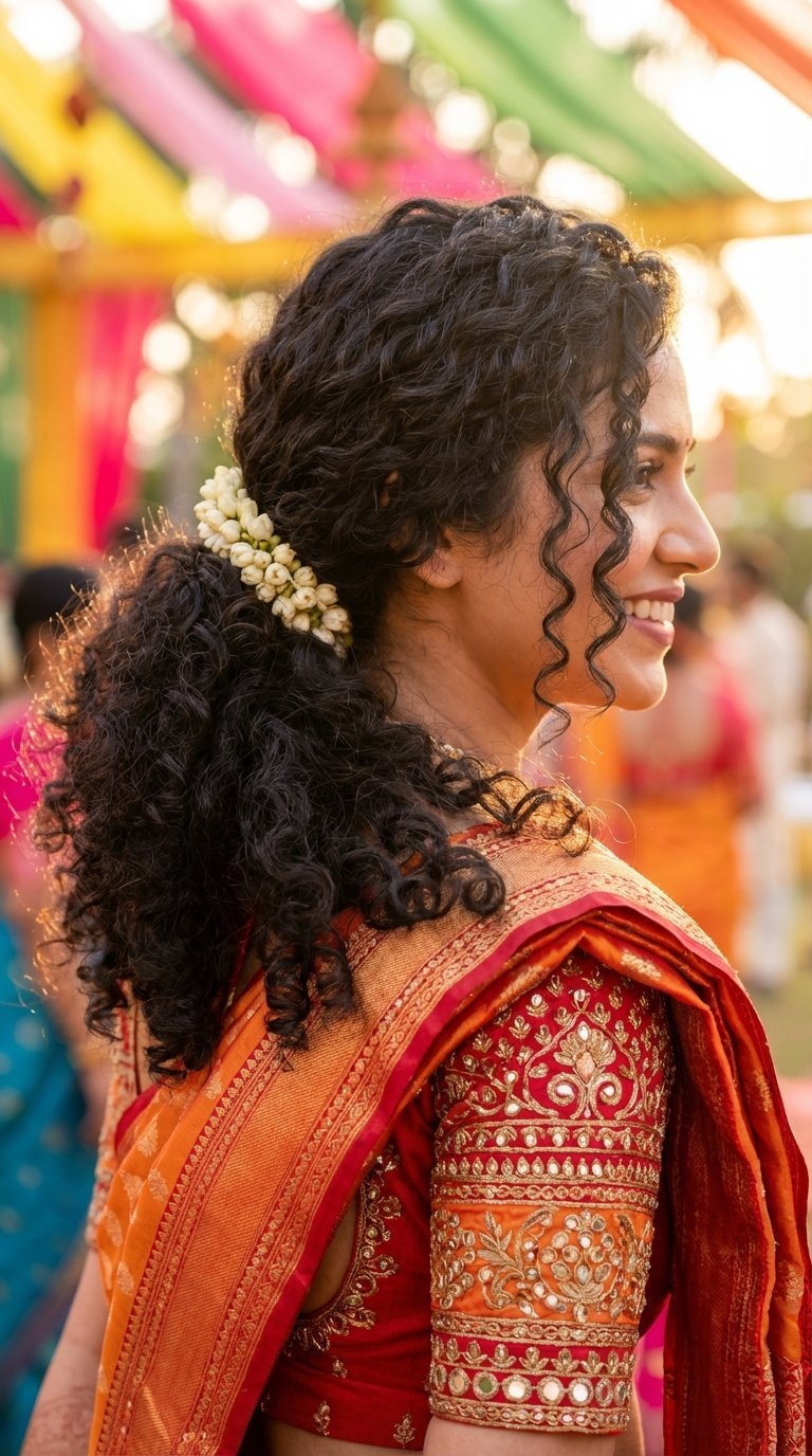 Bouncy curly side ponytail hairstyle with vibrant accessories for festive saree celebration look