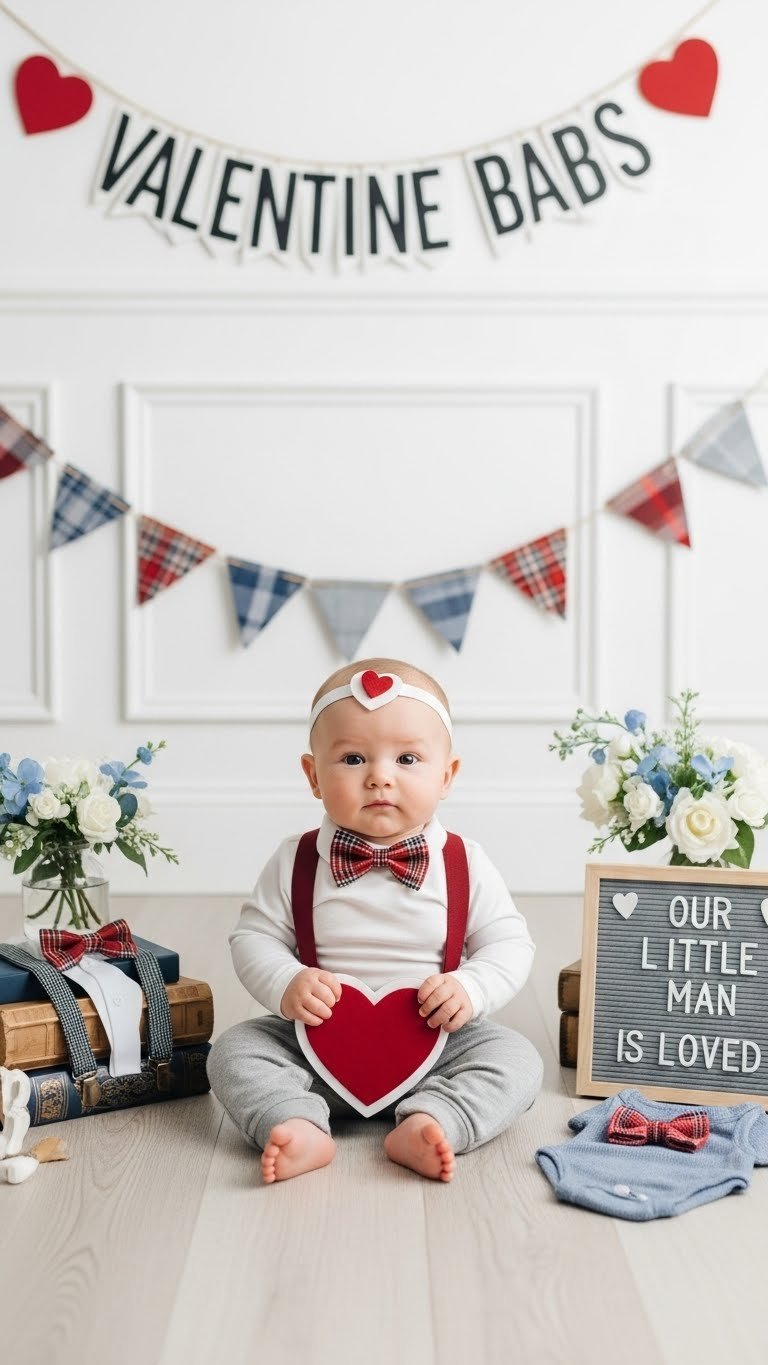 Boy's Valentine's baby shower decor with blue, gray and crimson accents featuring bowtie motifs