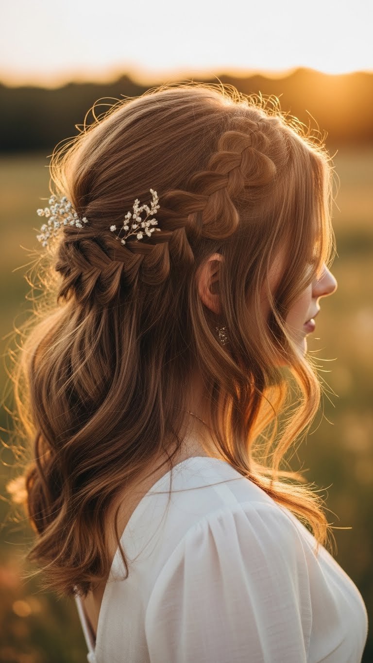 Braided hairstyle with intricate accents and loose natural waves in warm gold tones against floral background