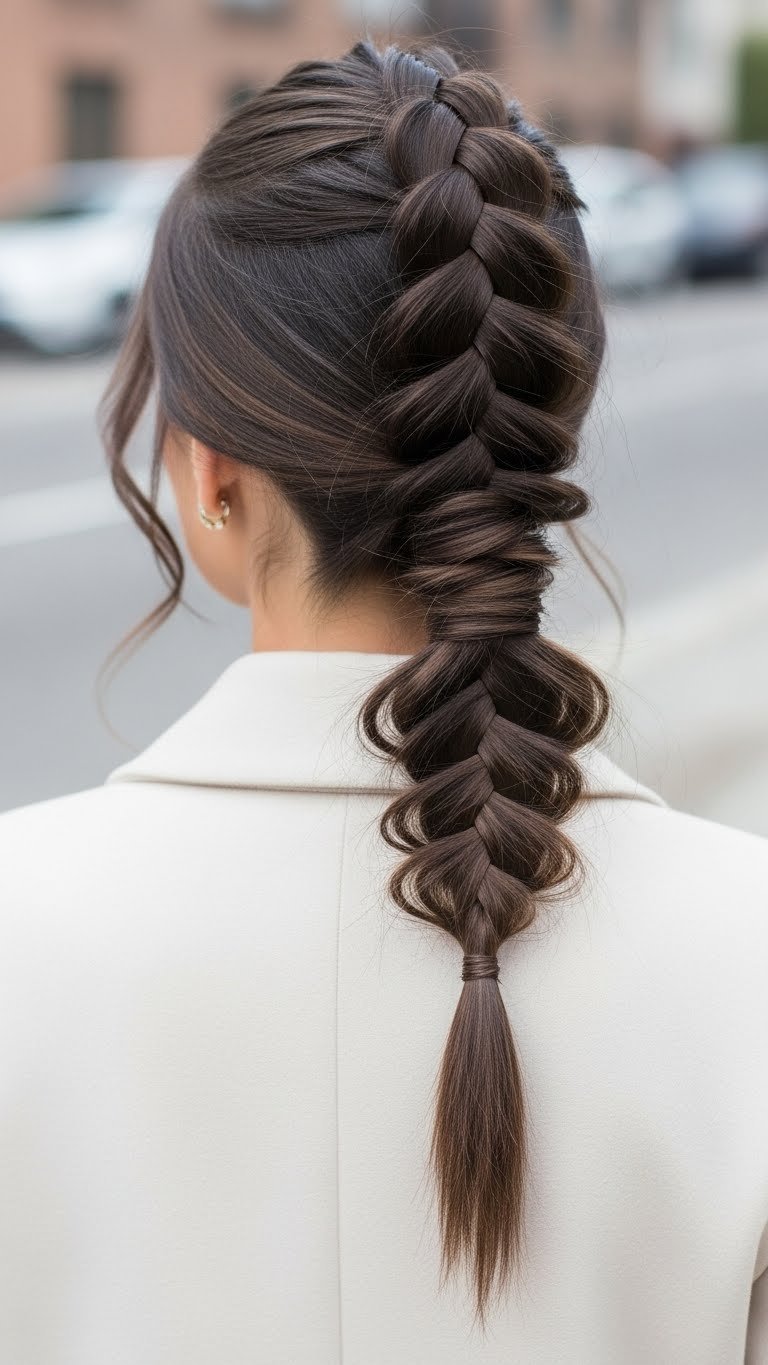 Braided ponytail featuring Dutch braid flowing into high ponytail on dark highlighted hair with urban backdrop
