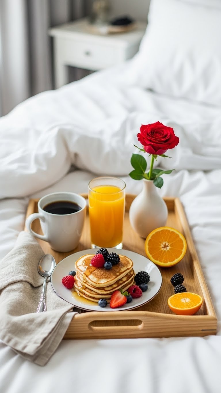 Breakfast in bed tray with heart-shaped pancakes, berries, coffee, and single red rose