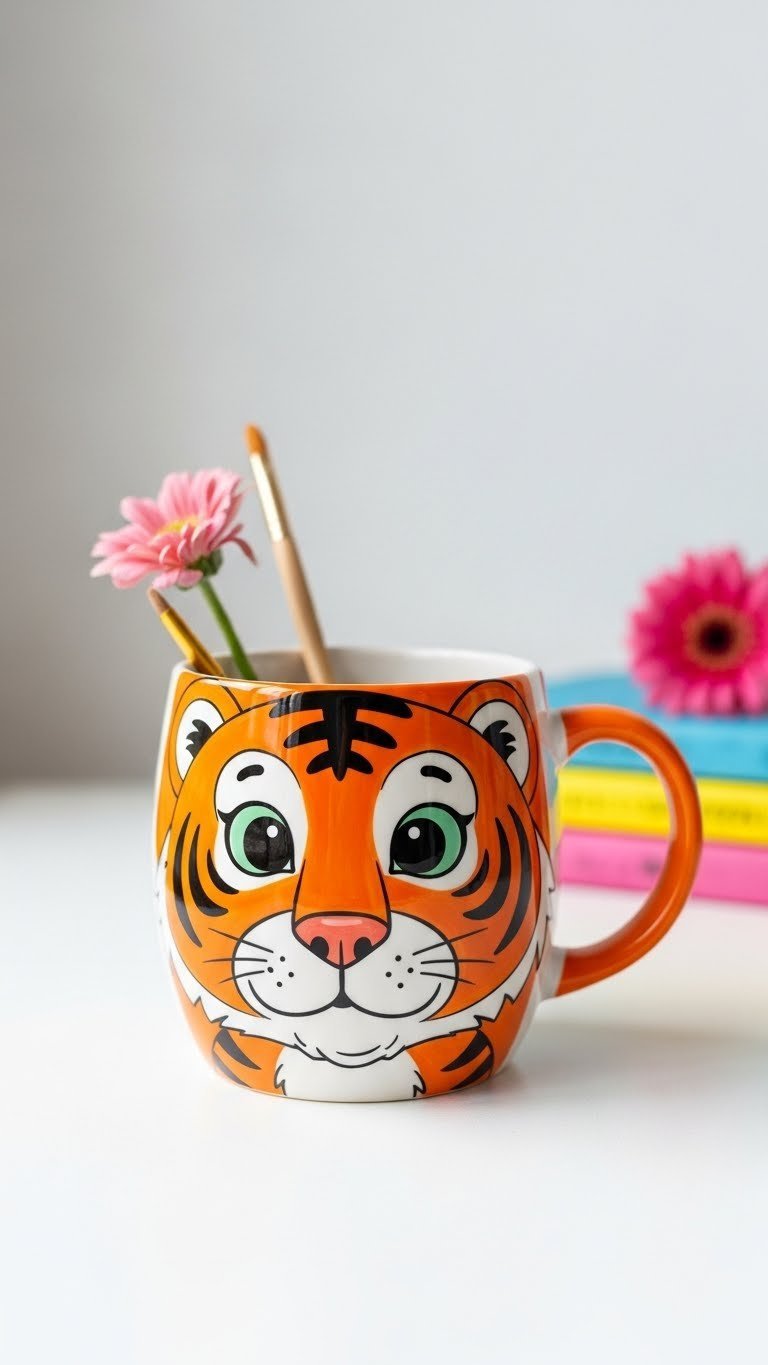 Bright cartoon tiger design ceramic mug with playful expression on white minimalist table in vibrant studio setting