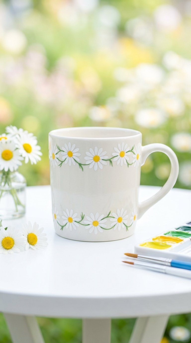 Bright ceramic mug featuring cheerful daisy chain pattern on clean white table with fresh daisies