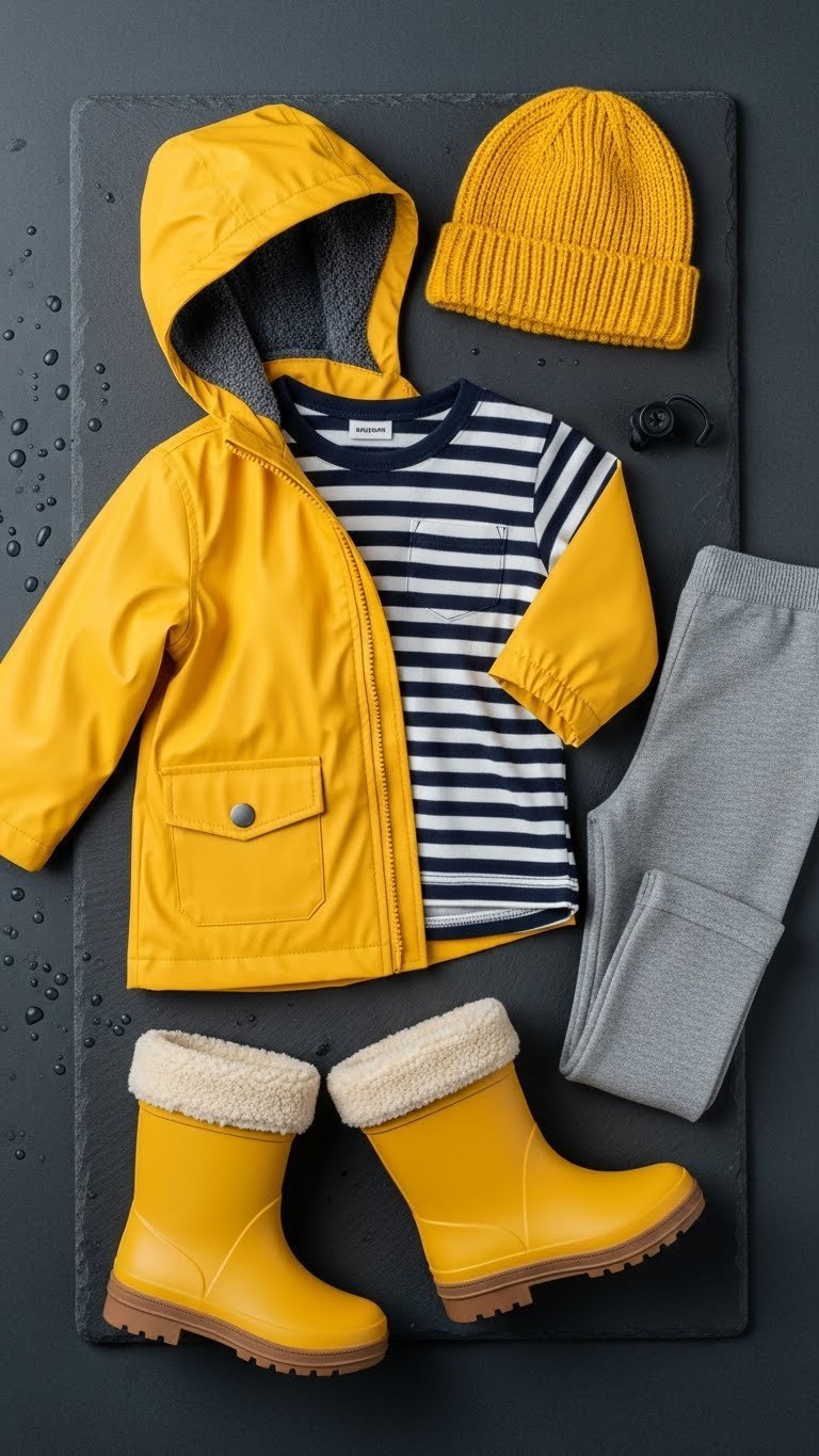 Bright yellow rain jacket with striped shirt and fleece-lined boots ready for rainy weather