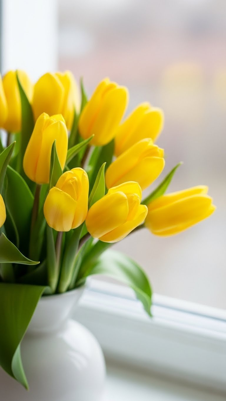 Bright yellow tulips in white ceramic vase with macro detail and soft bokeh background