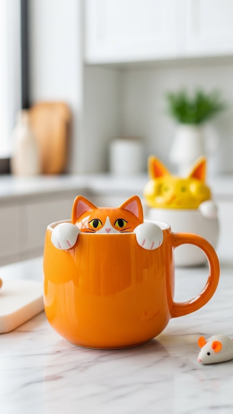Brightly colored ceramic coffee mug with interactive peek-a-boo cat design peeking over rim