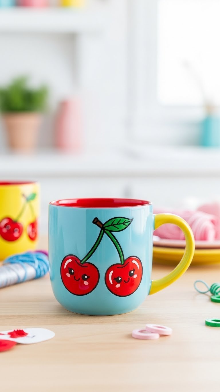 Brightly colored ceramic mug with whimsical cartoon cherry design featuring bold outlines and playful expressions