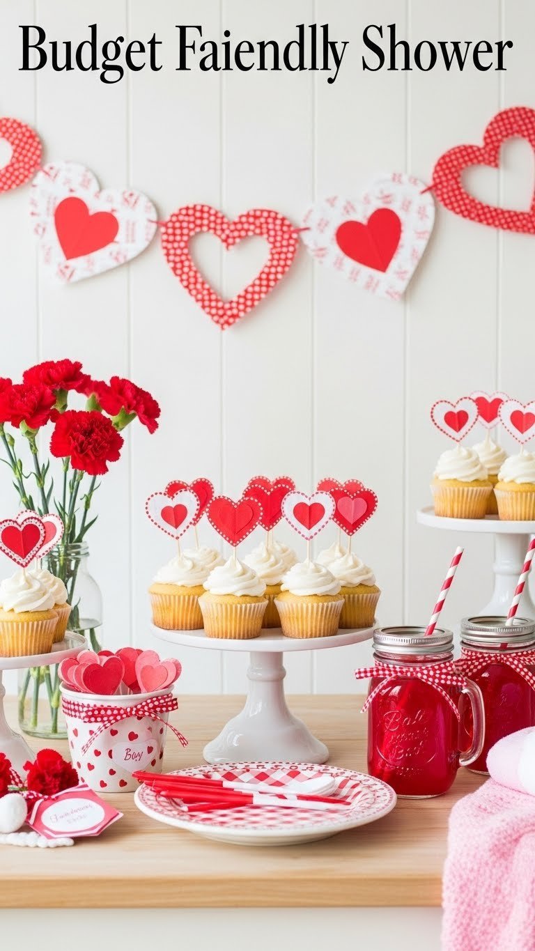 Budget-friendly Valentine's baby shower display with DIY heart garlands and mason jar drinks
