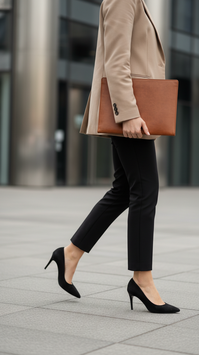 Business-casual outfit with black trousers, beige blazer, and kitten heels walking down city street.