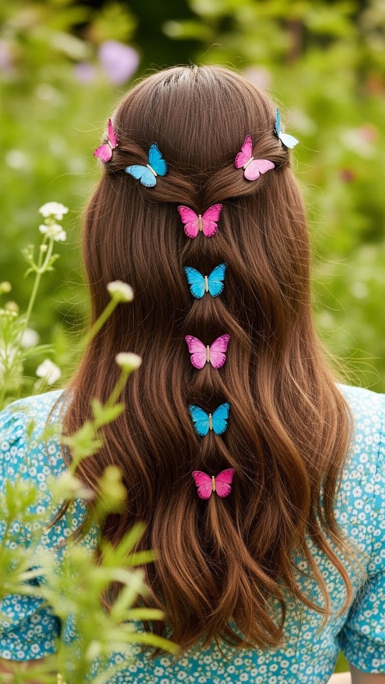 Butterfly clips hairstyle with colorful clips arranged throughout brown hair in lush garden setting