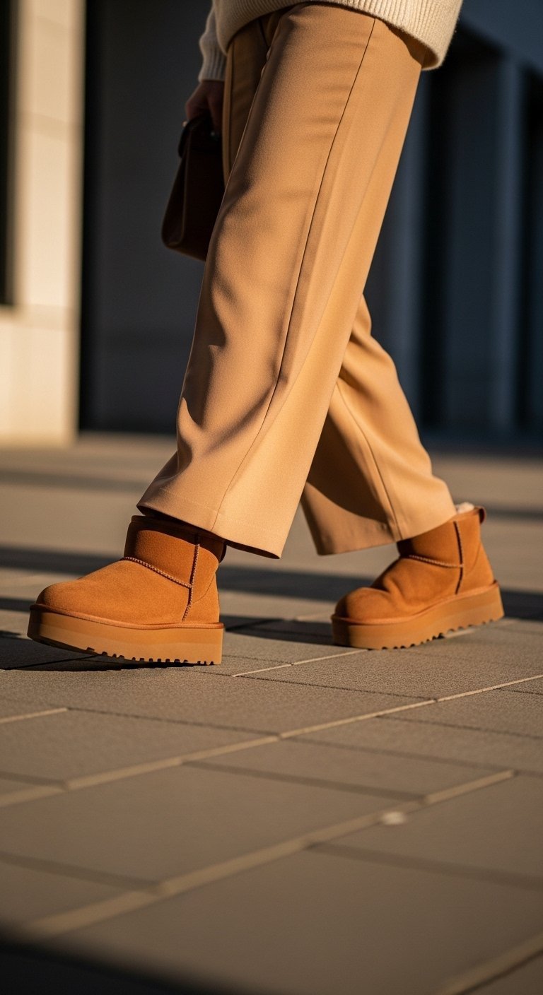 Camel wide-leg trousers pooling over chestnut Ugg Classic Mini Platform boots during golden hour city walk