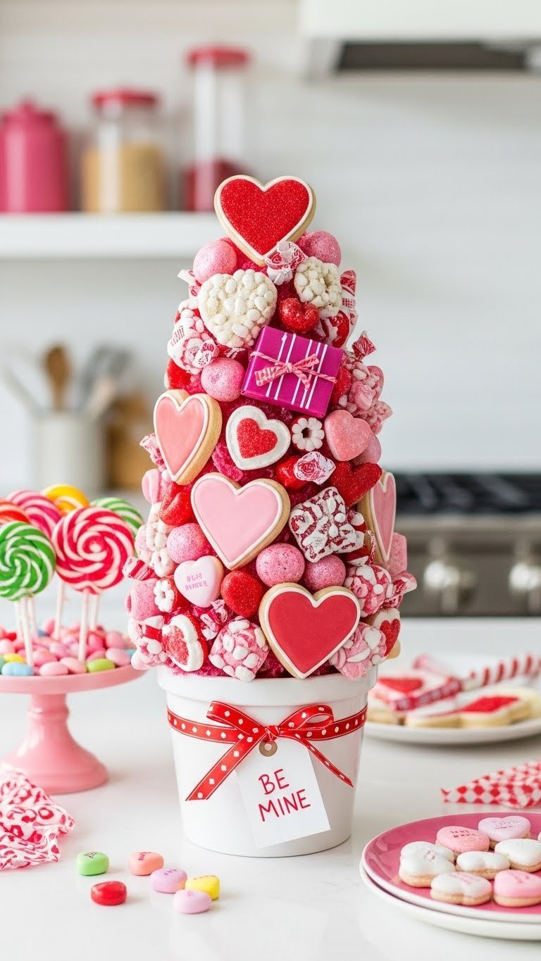Candy and treat decorated Valentine's tree with wrapped candies and cookies on white kitchen countertop