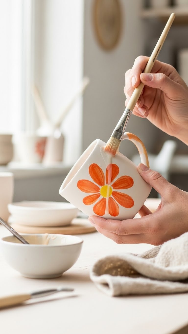 Careful hand applying clear food-safe glaze to painted ceramic mug using soft brush on clean workbench